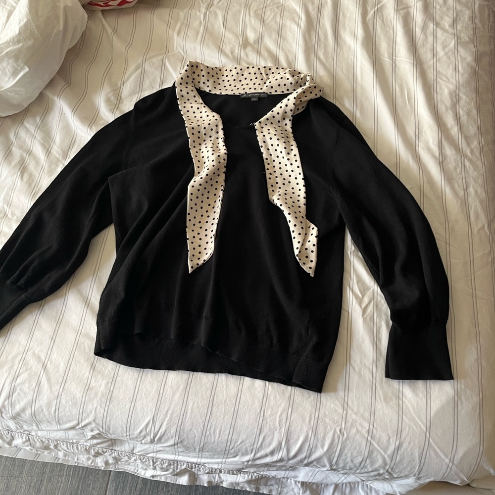 Adrianna Papell Black Sweater with Polka Dot Scarf Accent